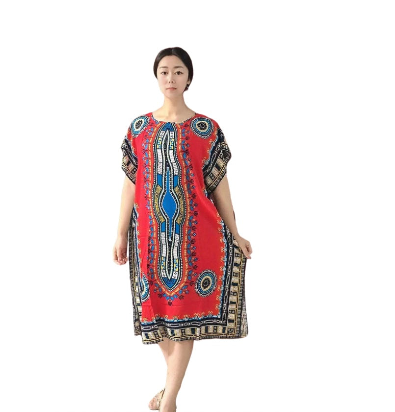 Women's  Viscose Tunic Plus Size crewneck batwing sleeve loose fit Dress  Bohemia Printed Kimono Nightgown