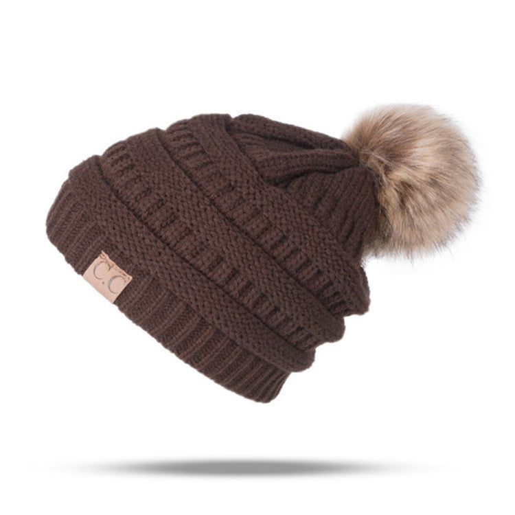 Women’s solid colors knitted beanie Hats fleece Lining caps with fur pompom