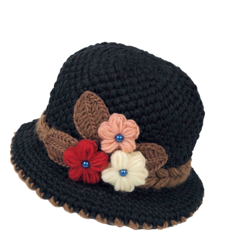 Women Warm Crocheted  Bucket caps with embroidery fleece lining cloche hats