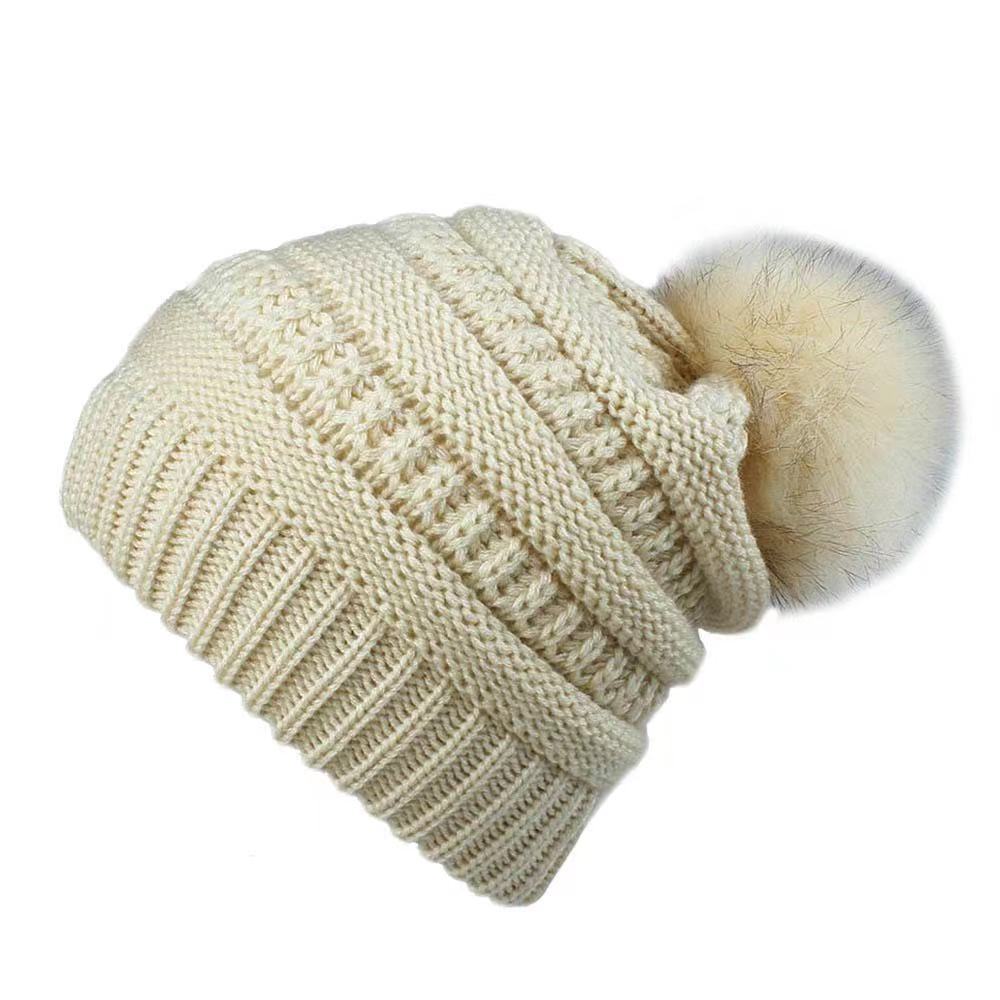 Women’s solid colors knitted beanie Hats fleece Lining caps with fur pompom