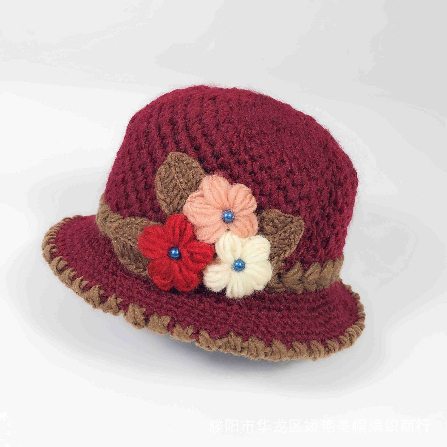 Women Warm Crocheted  Bucket caps with embroidery fleece lining cloche hats