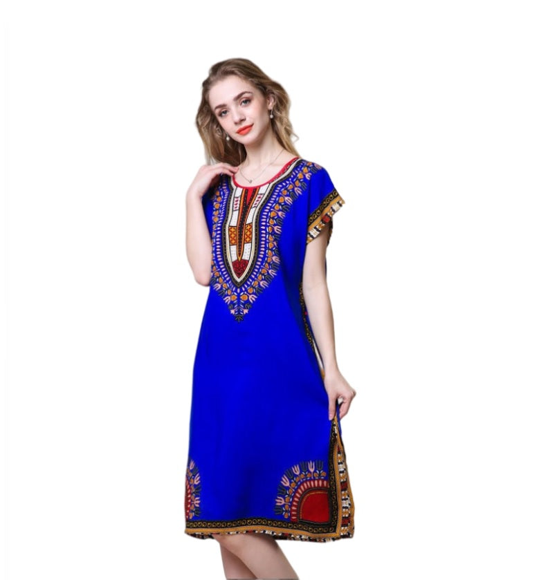 Women's  Viscose Tunic Plus Size crewneck batwing sleeve loose fit Dress  Bohemia Printed Kimono Nightgown