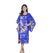 Load image into Gallery viewer, Women's  Satin Tunic Plus Size crewneck batwing sleeve loose fit Dress  Peacock and Blossoms Printed Kimono Nightgown
