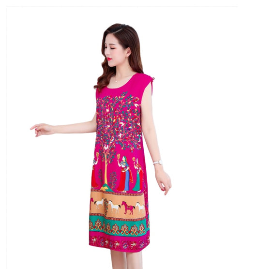 Women's  Viscose Tunic Plus Size crewneck adjustable sleeve loose fit Dress floral robe