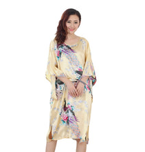 Load image into Gallery viewer, Women's  Satin Tunic Plus Size crewneck batwing sleeve loose fit Dress  Peacock and Blossoms Printed Kimono Nightgown
