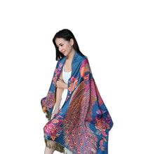 Load image into Gallery viewer, Women's warm double layer  pashmina peacock  pattern Shawl Wrap Scarf stole  w/Fringe &amp; w/gold line

