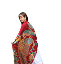 Load image into Gallery viewer, Women's warm double layer  pashmina peacock  pattern Shawl Wrap Scarf stole  w/Fringe &amp; w/gold line
