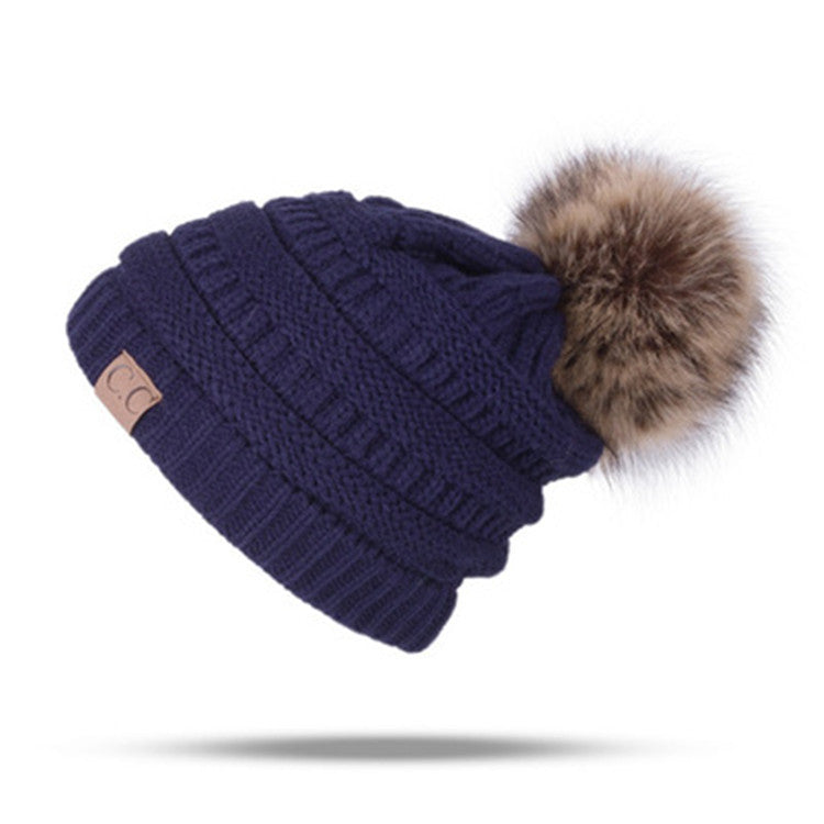 Women’s solid colors knitted beanie Hats fleece Lining caps with fur pompom