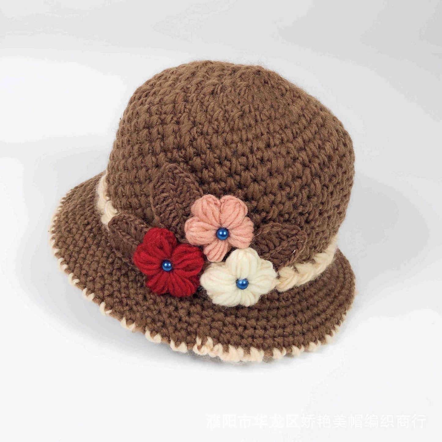 Women Warm Crocheted  Bucket caps with embroidery fleece lining cloche hats