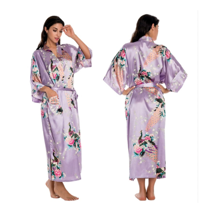 Women's Oversize Kimono Robe with Peacock and Blossoms Printed Kimono Nightgown