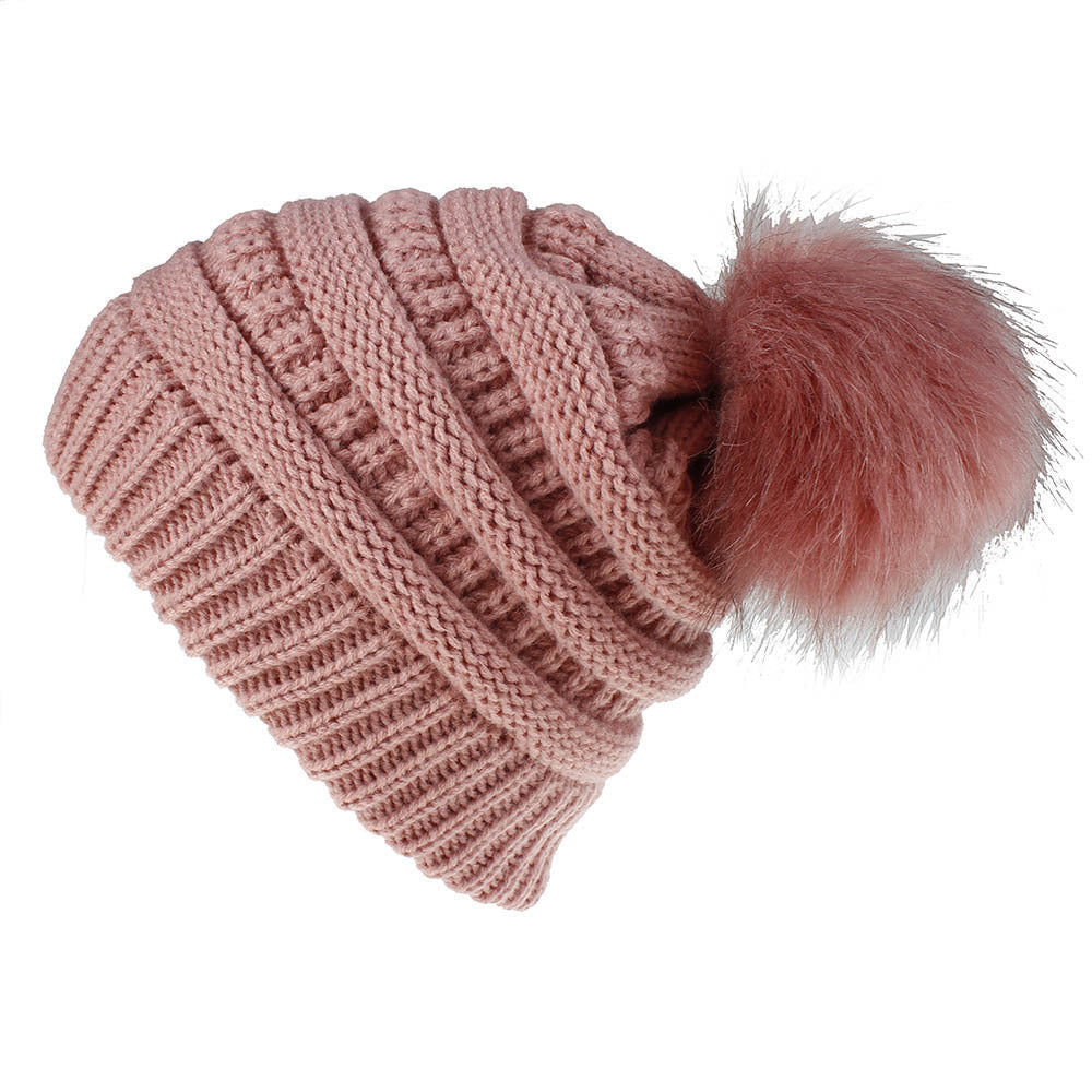 Women’s solid colors knitted beanie Hats fleece Lining caps with fur pompom