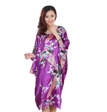 Load image into Gallery viewer, Women's  Satin Tunic Plus Size crewneck batwing sleeve loose fit Dress  Peacock and Blossoms Printed Kimono Nightgown
