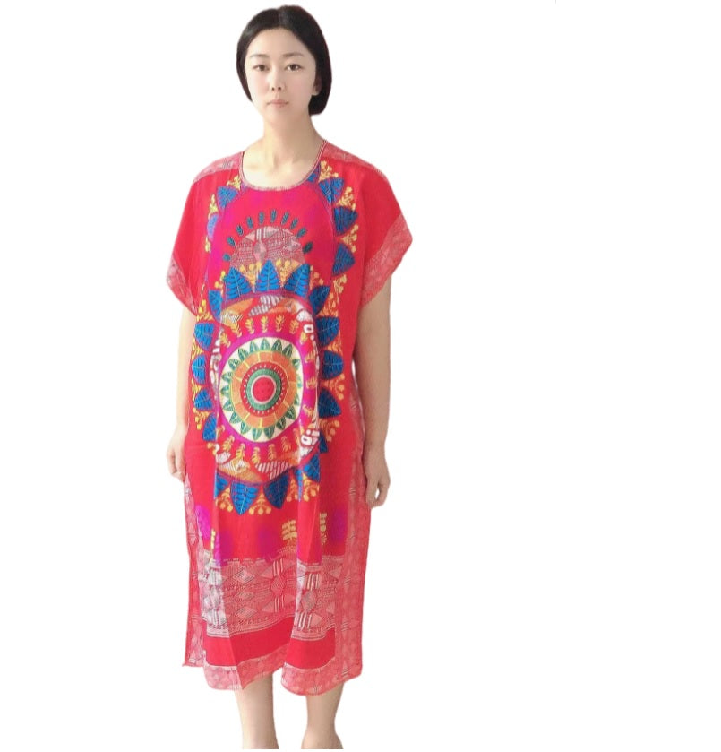 Women's  Viscose Tunic Plus Size crewneck batwing sleeve loose fit Dress  Bohemia Printed Kimono Nightgown
