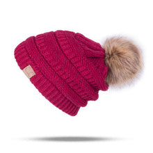 Load image into Gallery viewer, Women’s solid colors knitted beanie Hats fleece Lining caps with fur pompom
