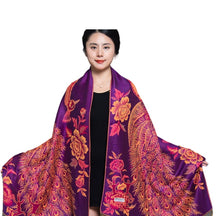 Load image into Gallery viewer, Women's warm double layer  pashmina peacock  pattern Shawl Wrap Scarf stole  w/Fringe &amp; w/gold line
