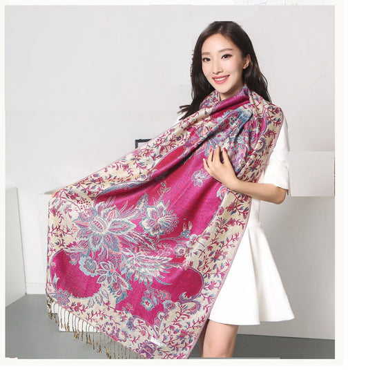 Women's Warm two layer floral pashmina Scarves oversize shawl with gold