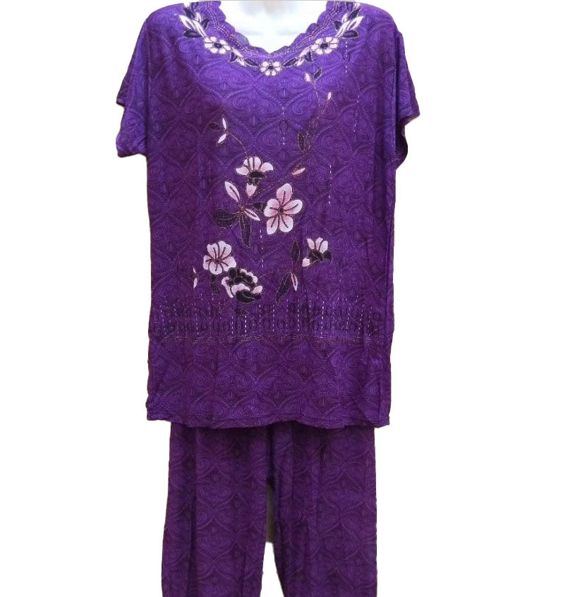 Women's 2PCS summer cool crewneck short sleeve loose fit top and pants pyjamas