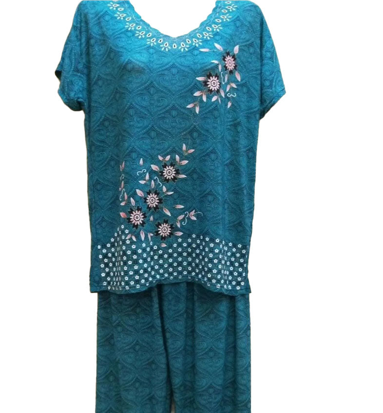 Women's 2PCS summer cool crewneck short sleeve loose fit top and pants pyjamas