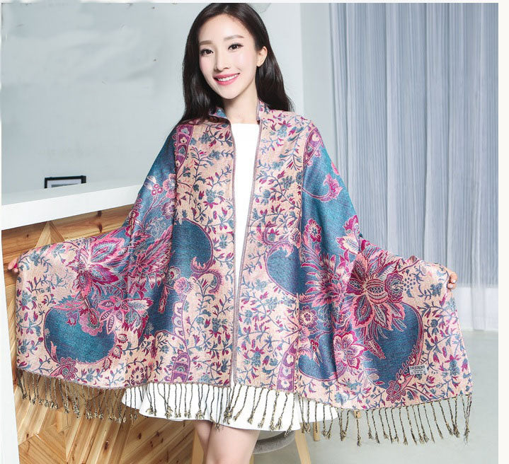 Women's Warm two layer floral pashmina Scarves oversize shawl with gold