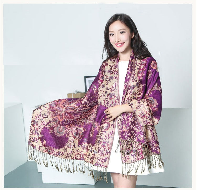 Women's Warm two layer floral pashmina Scarves oversize shawl with gold