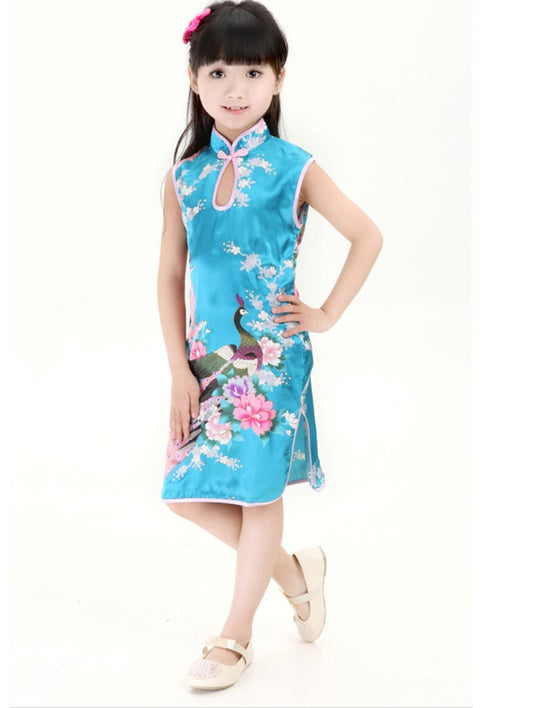 Kids stand collar no sleeves peacock pattern summer cheongsam