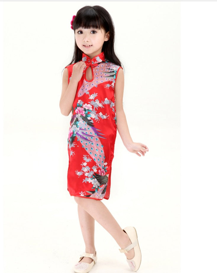 Kids stand collar no sleeves peacock pattern summer cheongsam