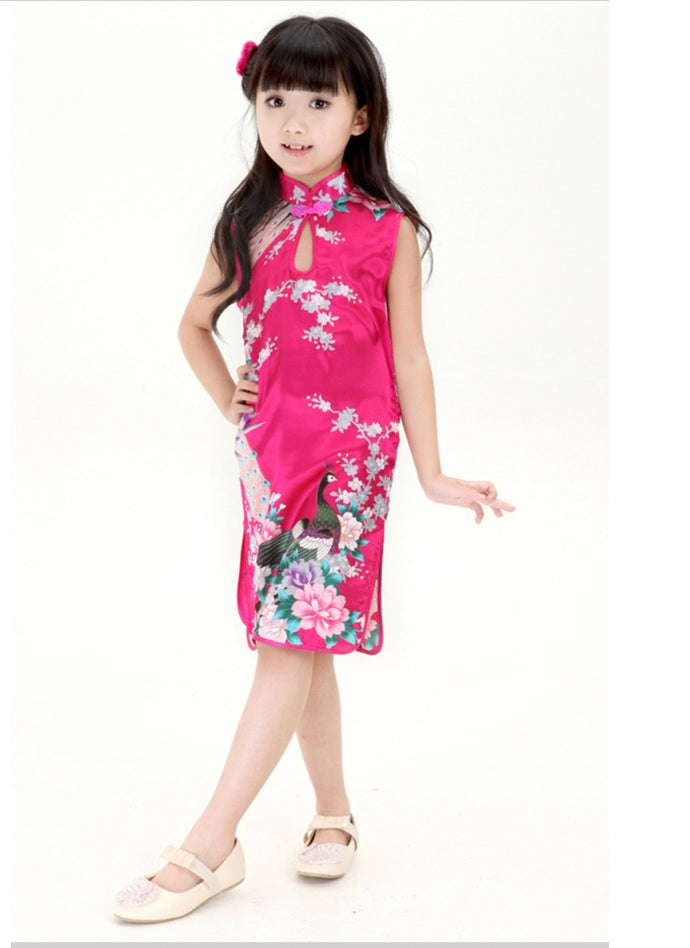 Kids stand collar no sleeves peacock pattern summer cheongsam