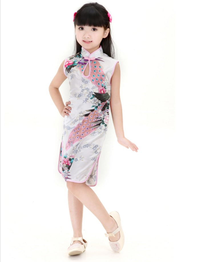 Kids stand collar no sleeves peacock pattern summer cheongsam