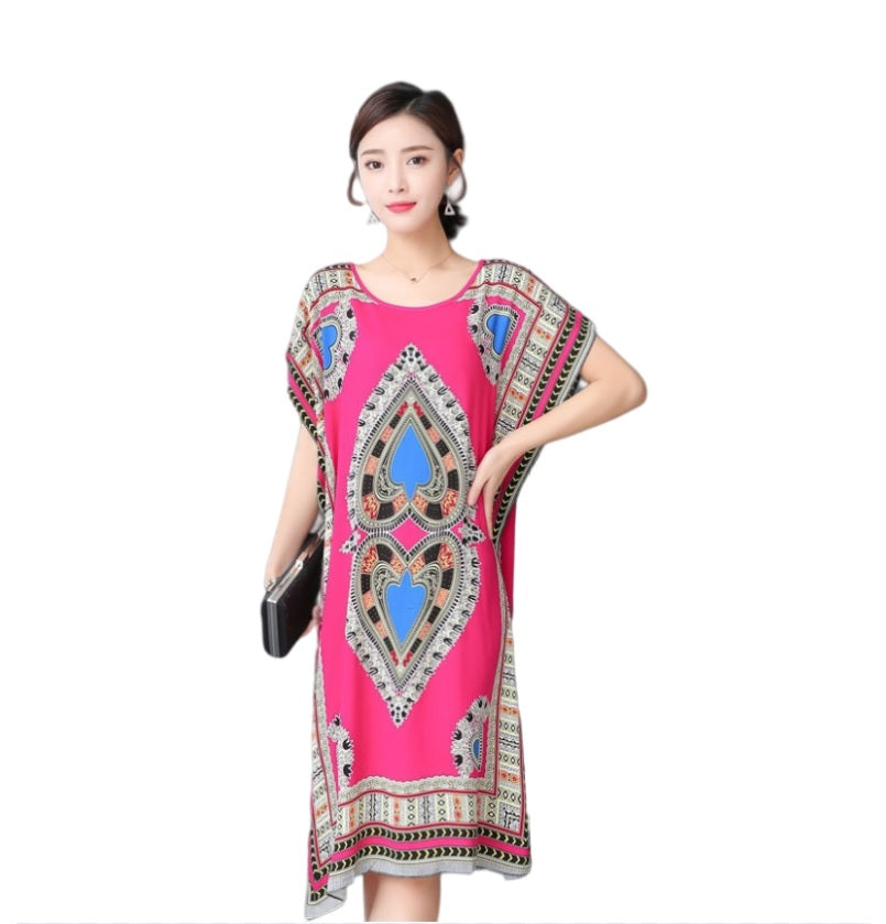 Women's  Viscose Tunic Plus Size crewneck batwing sleeve loose fit Dress  Bohemia Printed Kimono Nightgown