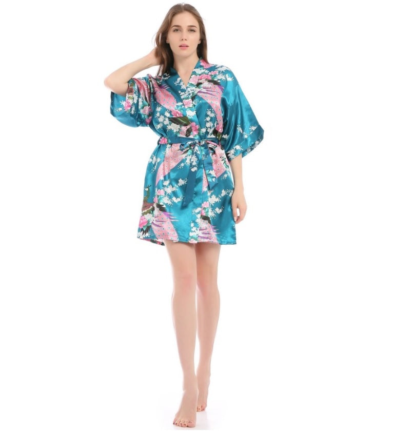 Women's Kimono short Robe with Peacock and Blossoms Pattern Printed Kimono Nightgown