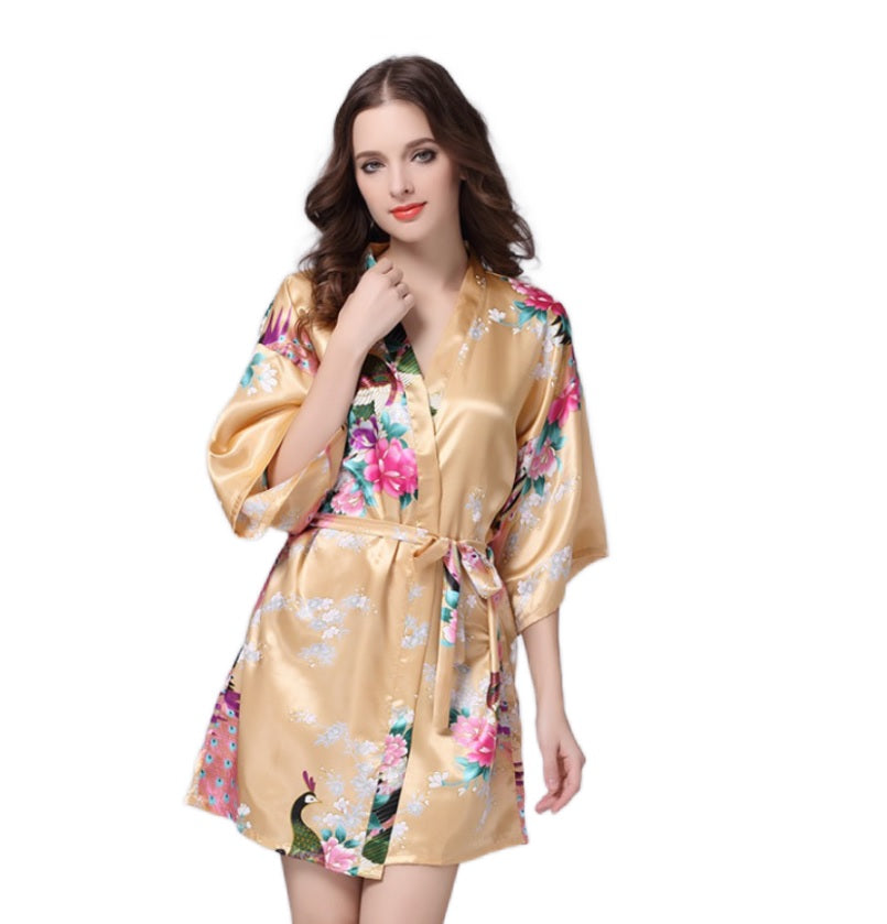 Women's Kimono short Robe with Peacock and Blossoms Pattern Printed Kimono Nightgown