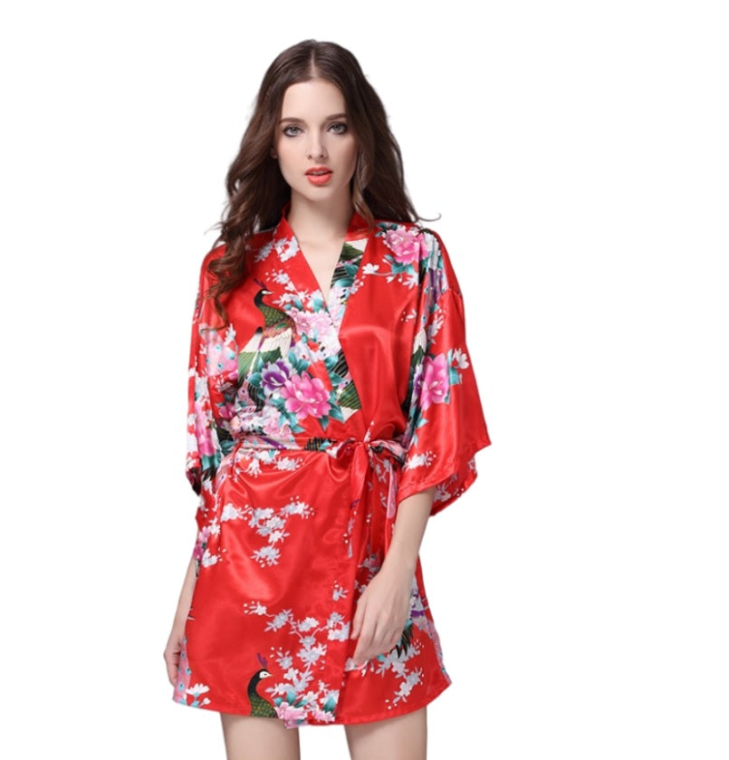Women's Kimono short Robe with Peacock and Blossoms Pattern Printed Kimono Nightgown