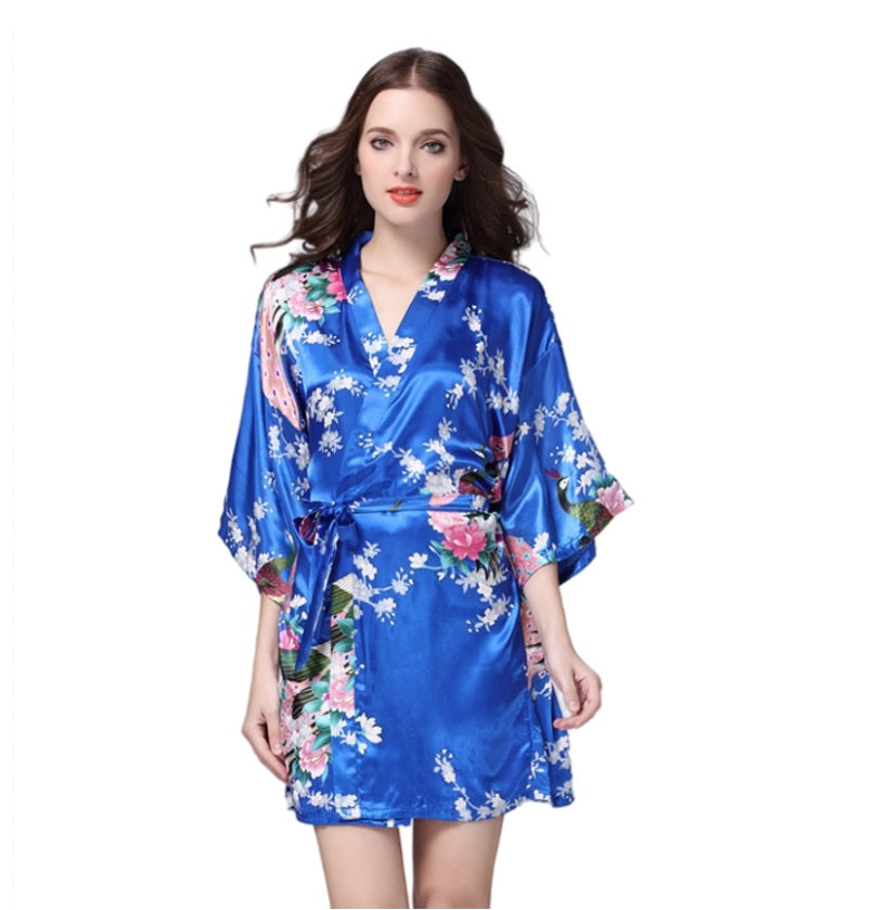 Women's Kimono short Robe with Peacock and Blossoms Pattern Printed Kimono Nightgown