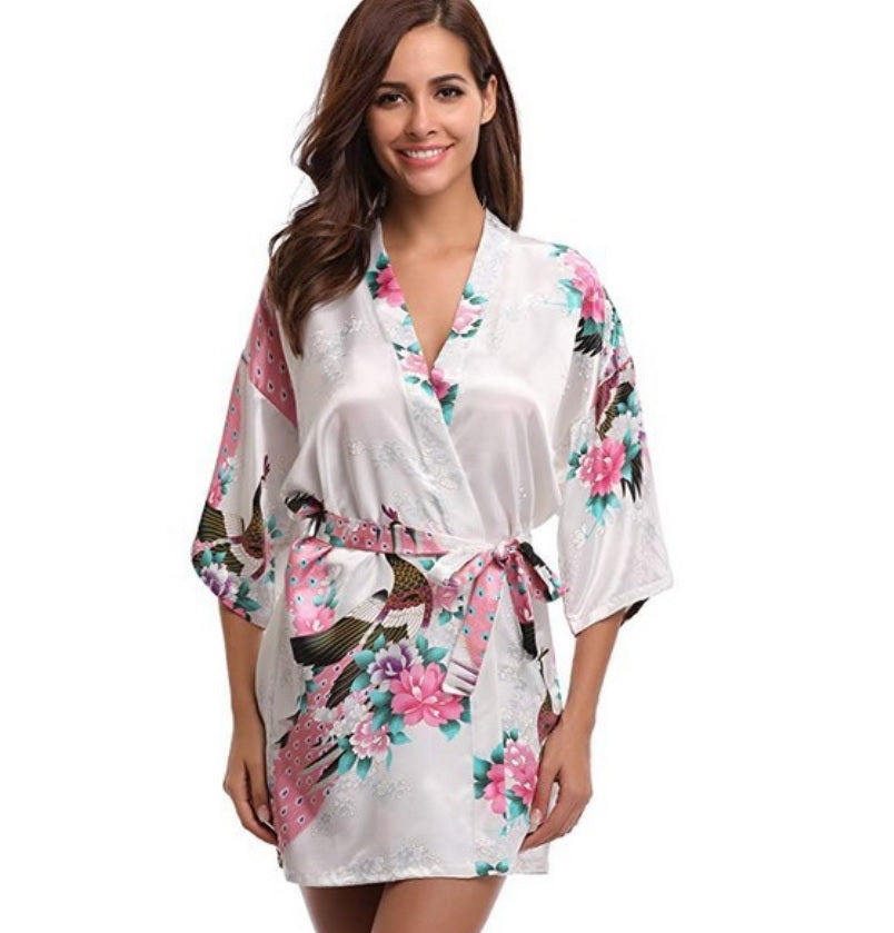 Women's Kimono short Robe with Peacock and Blossoms Pattern Printed Kimono Nightgown