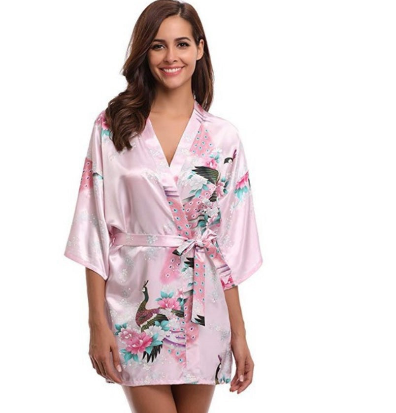 Women's Kimono short Robe with Peacock and Blossoms Pattern Printed Kimono Nightgown