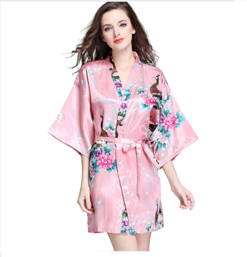 Women's Kimono short Robe with Peacock and Blossoms Pattern Printed Kimono Nightgown