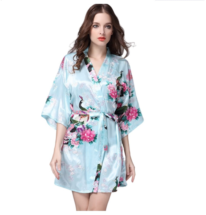 Women's Kimono short Robe with Peacock and Blossoms Pattern Printed Kimono Nightgown