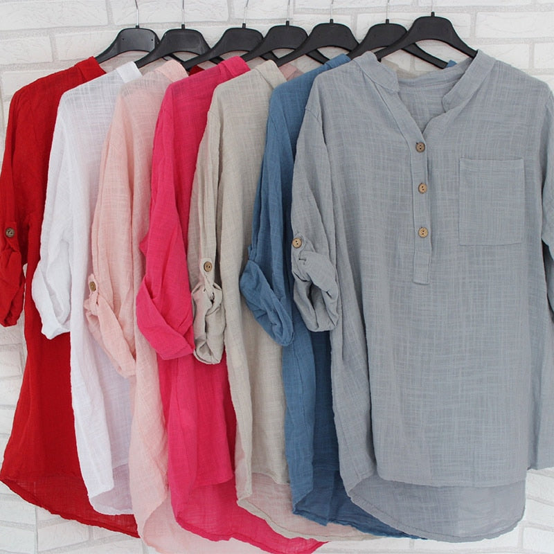 Women Cotton Linen Stand Collar Shirt Tops Plus Size 5XL White Solid Pocket Womens Shirts 2020 Summer Spring Loose Top Female