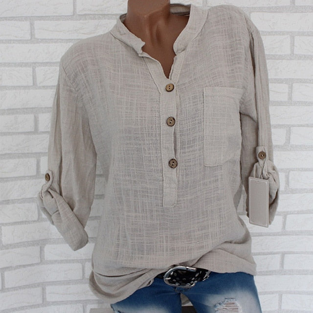 Women Cotton Linen Stand Collar Shirt Tops Plus Size 5XL White Solid Pocket Womens Shirts 2020 Summer Spring Loose Top Female