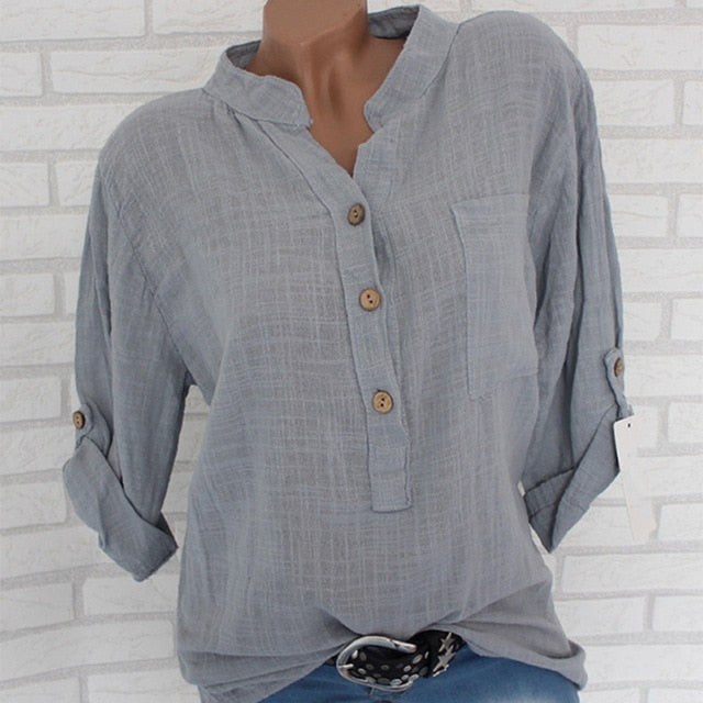 Women Cotton Linen Stand Collar Shirt Tops Plus Size 5XL White Solid Pocket Womens Shirts 2020 Summer Spring Loose Top Female