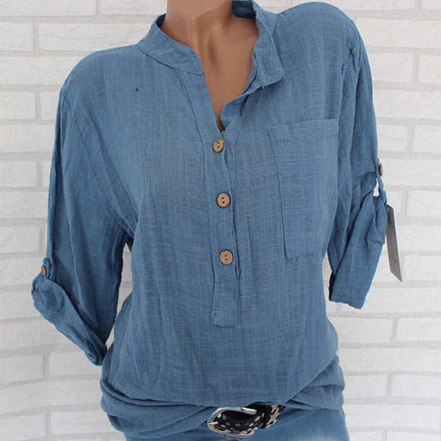 Women Cotton Linen Stand Collar Shirt Tops Plus Size 5XL White Solid Pocket Womens Shirts 2020 Summer Spring Loose Top Female