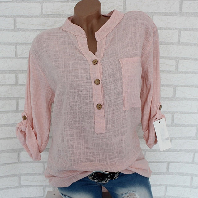 Women Cotton Linen Stand Collar Shirt Tops Plus Size 5XL White Solid Pocket Womens Shirts 2020 Summer Spring Loose Top Female