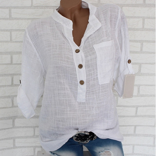 Women Cotton Linen Stand Collar Shirt Tops Plus Size 5XL White Solid Pocket Womens Shirts 2020 Summer Spring Loose Top Female