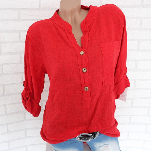 Women Cotton Linen Stand Collar Shirt Tops Plus Size 5XL White Solid Pocket Womens Shirts 2020 Summer Spring Loose Top Female