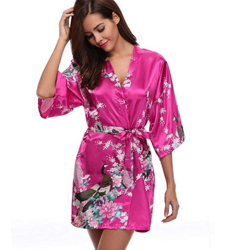 Women's Kimono short Robe with Peacock and Blossoms Pattern Printed Kimono Nightgown