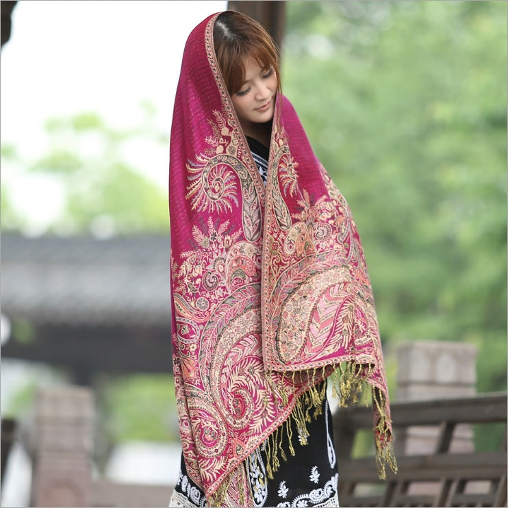 Women's pashmina paisley pattern two layer Scarves with gold line