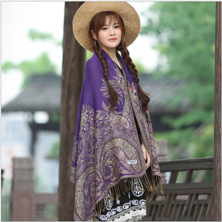 Women's pashmina paisley pattern two layer Scarves with gold line